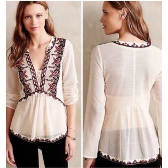 Anthropologie akemi & kin embroidered tunic top BOHO Medium Aztec‎ Print Beige - Picture 2 of 6